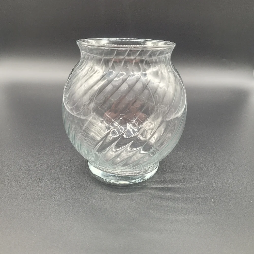 Vintage Indiana Clear Glass Ruffle Top & Ribbed Swirl Clear Glass Rose Bowl Vase